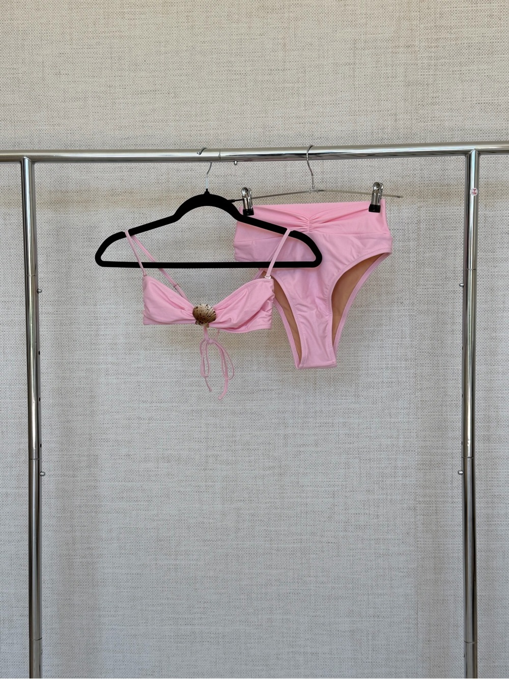 3-Piece Pink High-Waist Bikini Set with Decorative Shell Accent and Skirt
